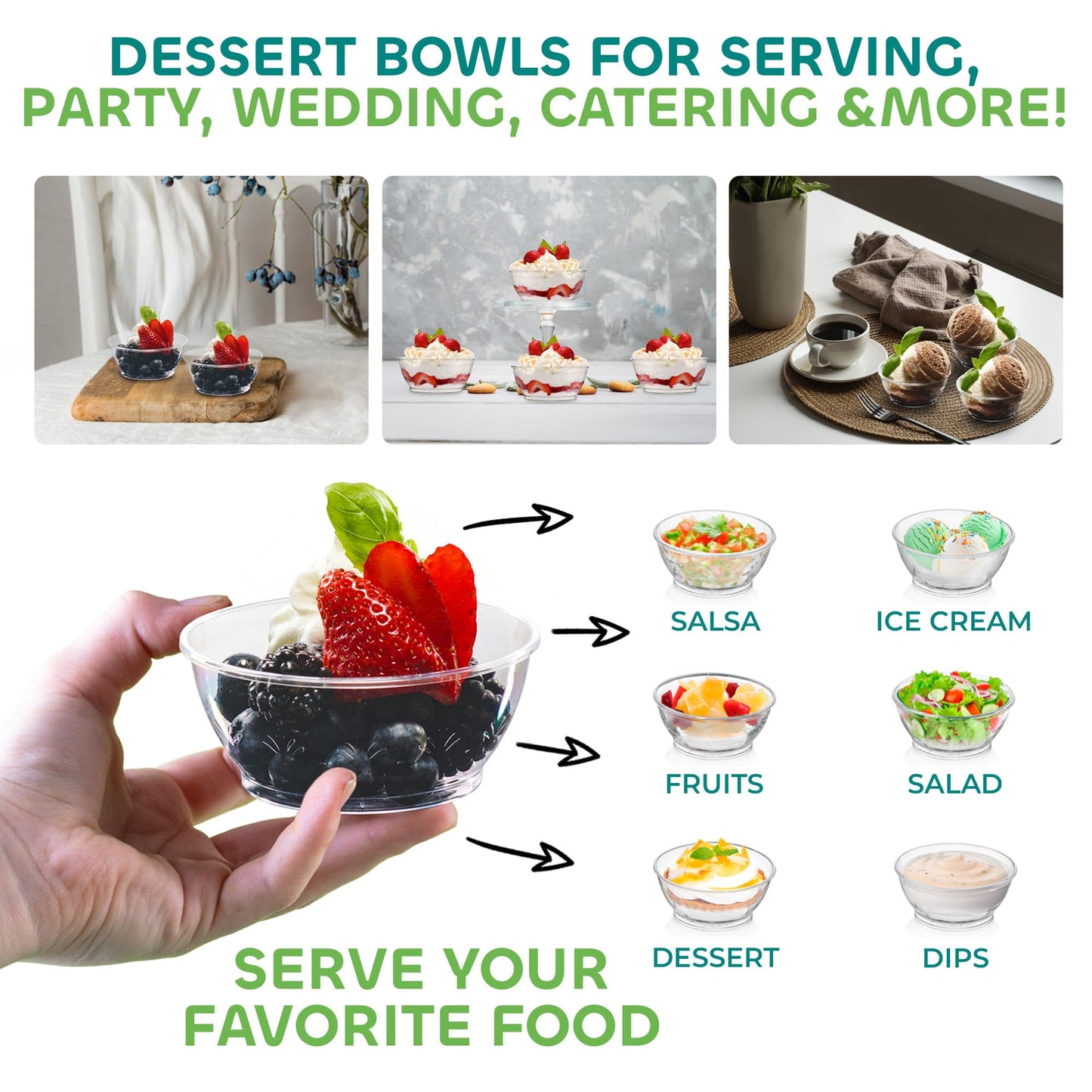 JoyServe Clear Mini Plastic Bowls - (Bulk 100 Pack) 6 Oz Disposable Premium Hard Plastic Dessert Bowls for Serving, Weddings, Catering, Parties, Salsa, Home or Event Party Supplies