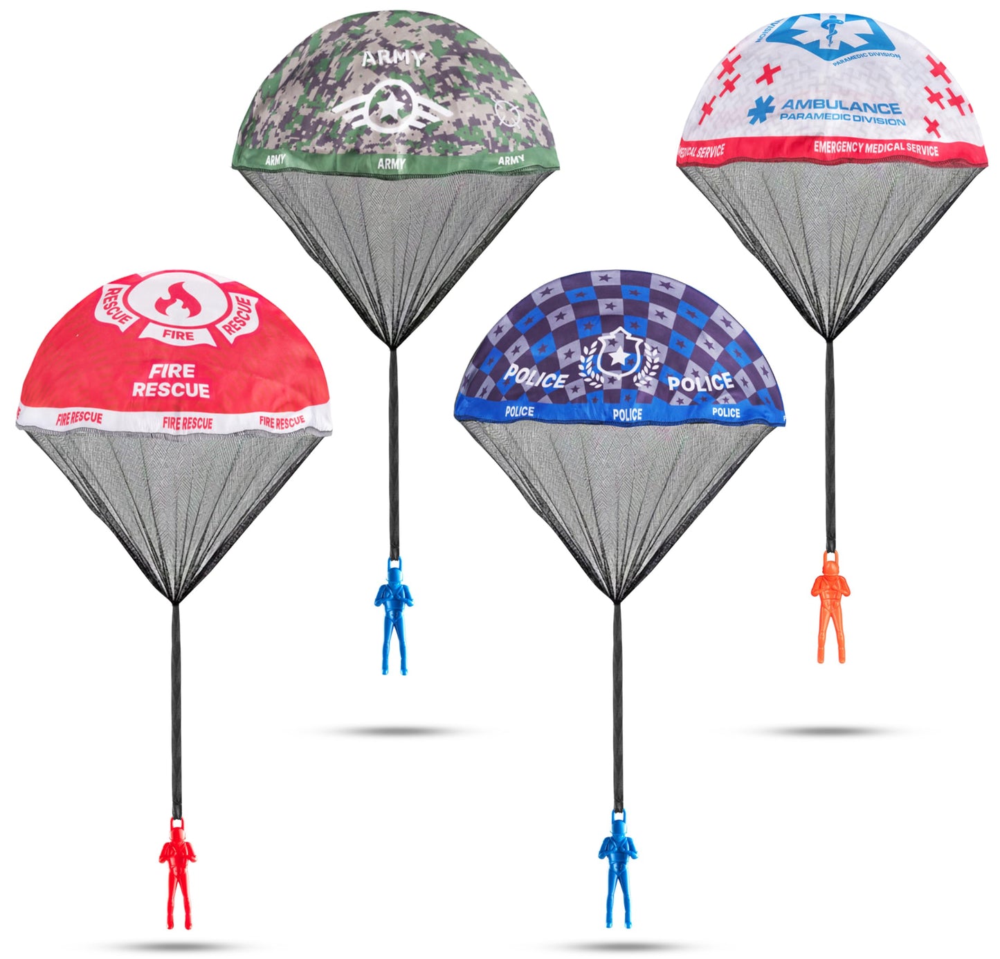 KiddieLoot Parachute Toys for Kids - (Pack of 4) Police, Army, Firefighter & EMT Figures w/Tangle-Free Parachutes - Outdoor Flying Toys for Kids, Party Favors, Birthday Gifts for Boys & Girls Ages 3+