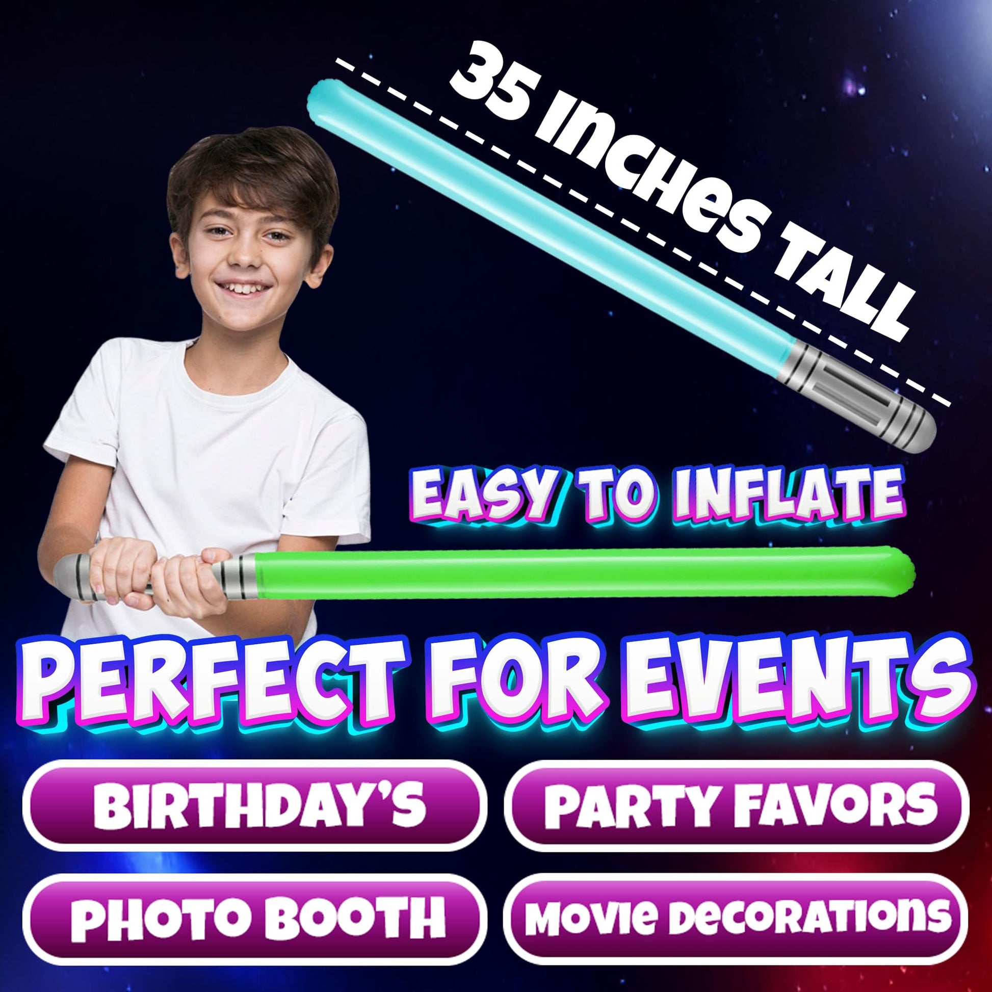 Bedwina Inflatable Light Sabers for Kids - (Pack of 12) 35-inch Neon Color Blow-Up Toy Saber Swords, Party Favors, Goodie Bags, Star Galaxy Theme Birthdays & Prize Toys