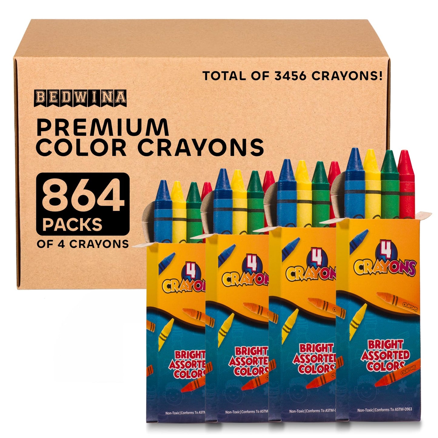 Bedwina Bulk Crayons 3456 PCs, Case of 864 4-Packs, Premium Color Crayons Bulk School Supplies for Kids & Toddler Non-Toxic for Party Favors, Restaurants, Goody Bags Stocking Stuffers