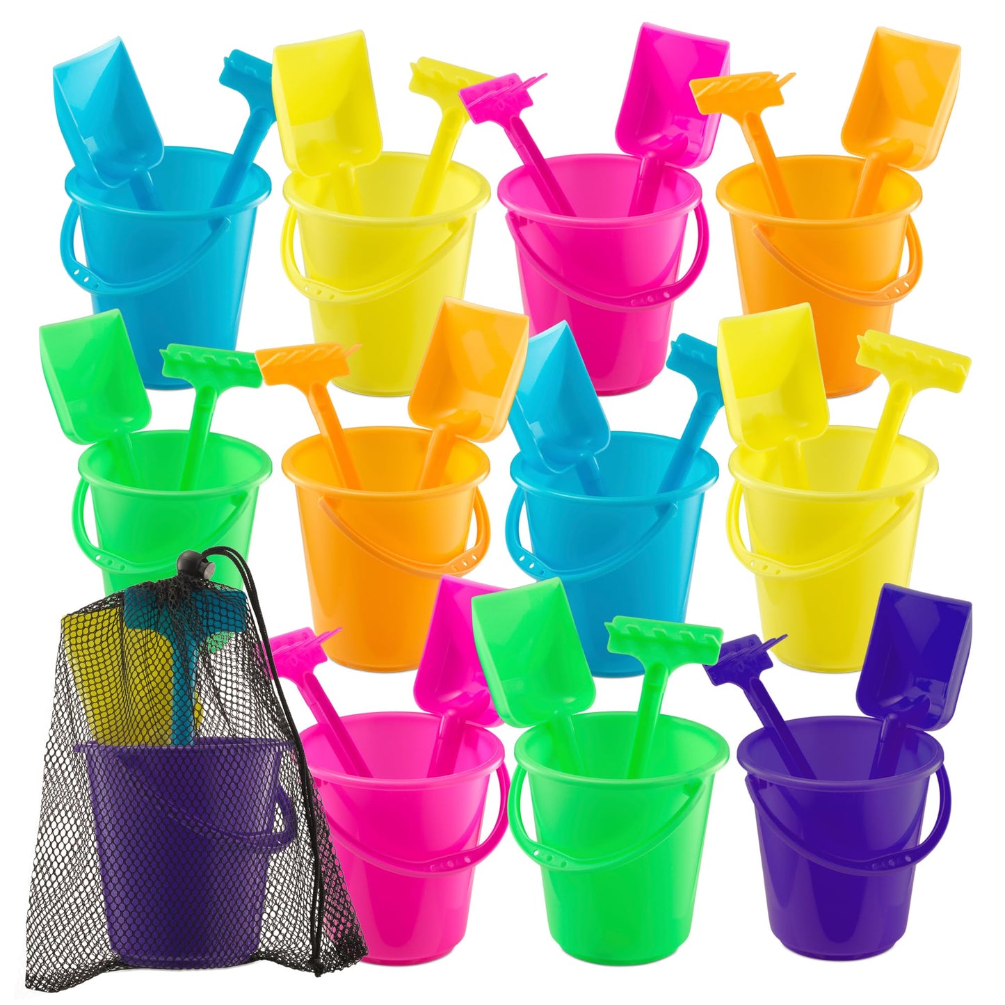 Mini 4.5-Inch Beach Buckets for Kids - (36 Pack) Sand Buckets and Shovels w/Rakes & Mesh Bags - Small Beach Pails - Sturdy Unbreakable Plastic - Beach Party Favors & Giveaways for Toddlers Ages 3-6