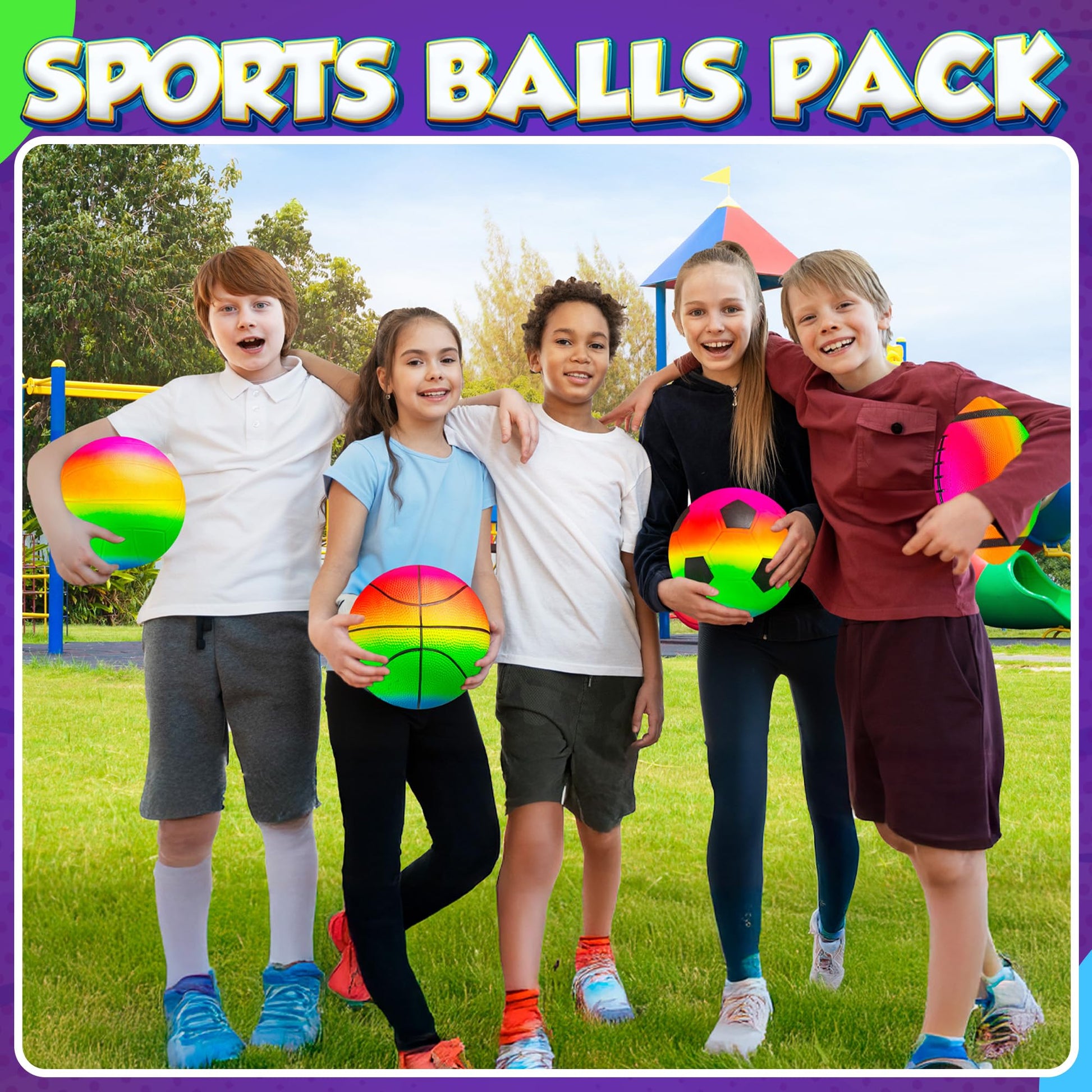 Rainbow Sports Balls for Kids & Toddlers - (Pack of 4) 8.5-Inch Neon Sport Ball Set Includes Football, Soccer, Basketball, & Playground Balls, Toy Balls for Indoor/Outdoor