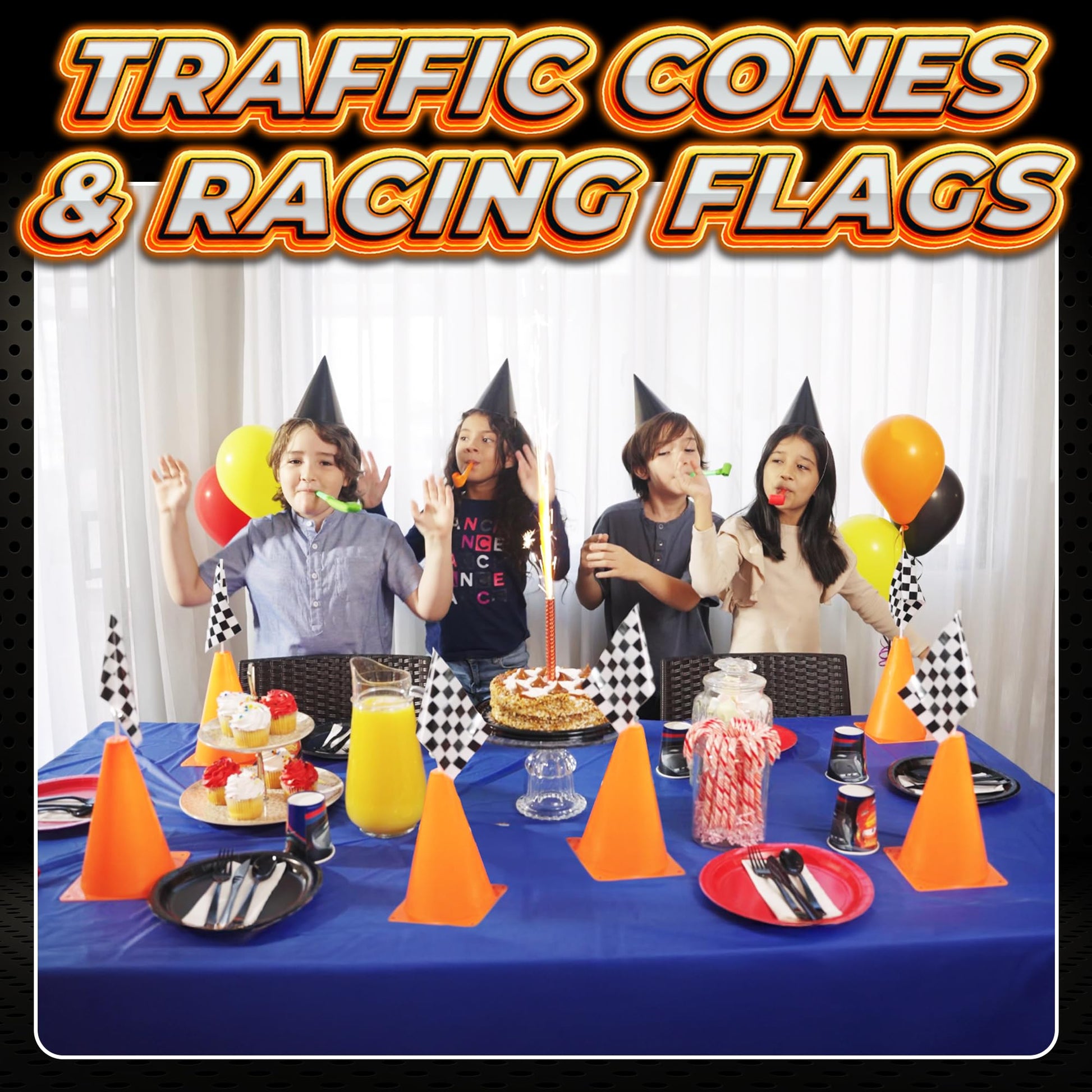 Bedwina Race Car Birthday Party Decorations - (36 Pcs) 12 - 8-Inch Orange Mini Cones for Kids & 24 Black & White Checkered Flags on Sticks - Race Car Themed Birthday Party Decor & Centerpiece Supplies