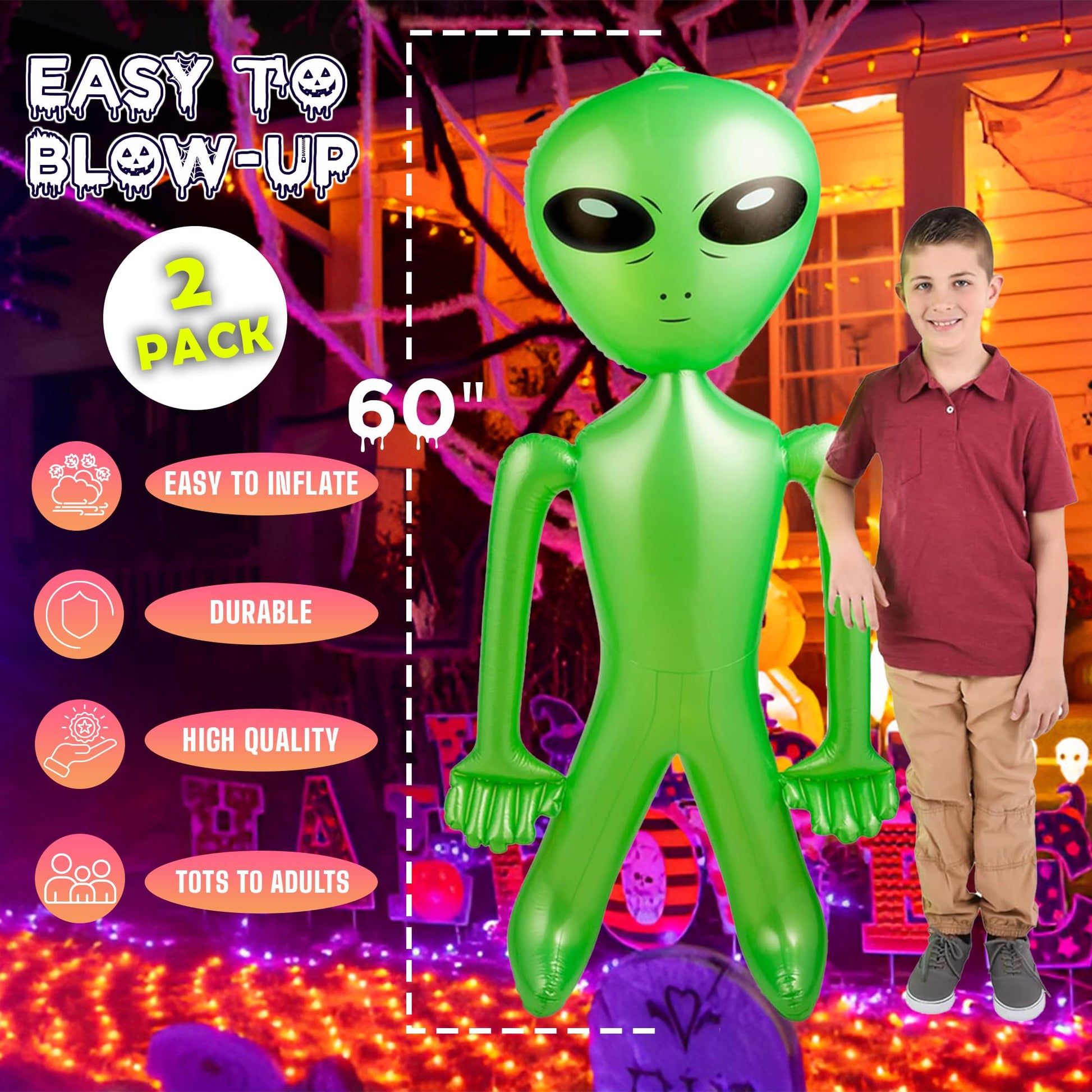 60 Inch (5 Feet) Giant Alien Inflatable - Pack of 2 - Jumbo Green Alien, for Game Prize, Alien Halloween Decorations Theme Party Favors Photo Prep & Decorations