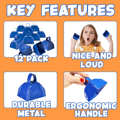 Metal Cowbells - 12 Pack, 3 Inch Blue Cow Bells for Sporting Events, Cheering, Spirit, Loud Cow Bell Ideal Hand Percussion Cowbells Noise Makers for Sporting Events, Football Games, and Celebrations