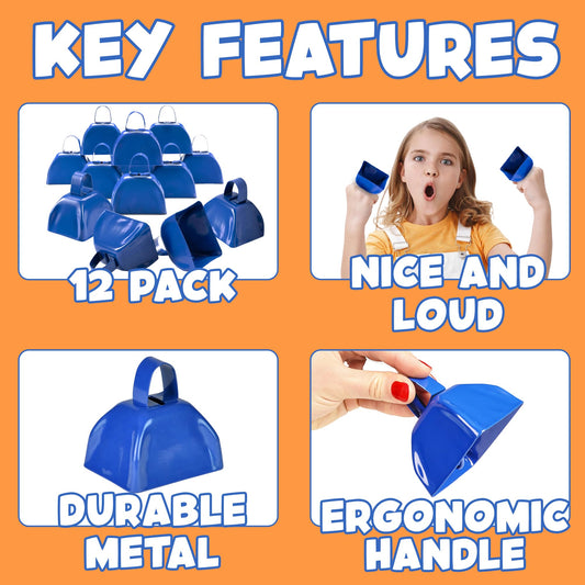 Metal Cowbells - 12 Pack, 3 Inch Blue Cow Bells for Sporting Events, Cheering, Spirit, Loud Cow Bell Ideal Hand Percussion Cowbells Noise Makers for Sporting Events, Football Games, and Celebrations