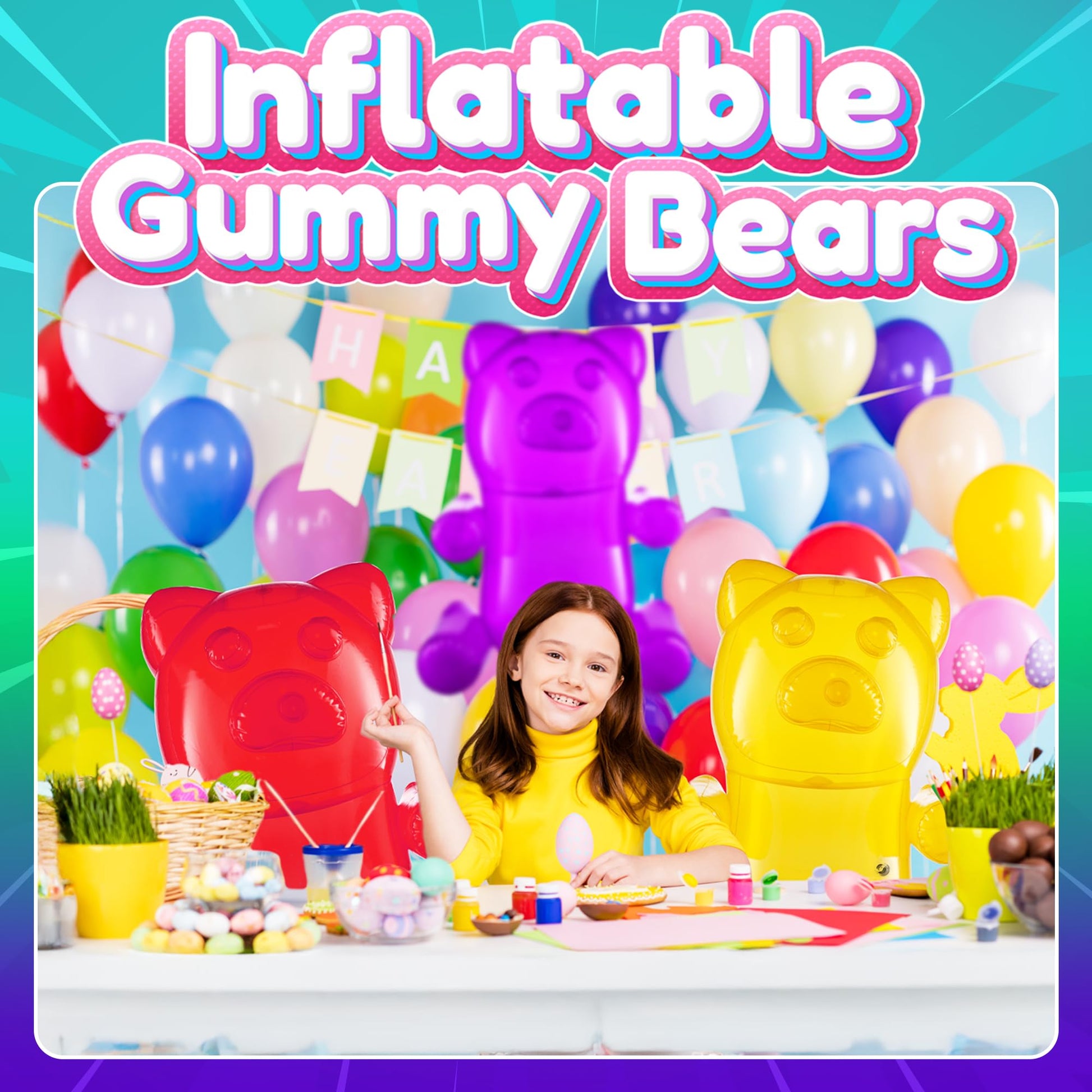Bedwina 24" Inflatable Gummy Bears (Pack of 3) Big Huge Blow Up Gummy Bear Pool Toy Decorations, Birthday Party Supplies and Themed Candy Land Party Favors for Kids