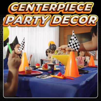 Bedwina Race Car Birthday Party Decorations - (36 Pcs) 12 - 8-Inch Orange Mini Cones for Kids & 24 Black & White Checkered Flags on Sticks - Race Car Themed Birthday Party Decor & Centerpiece Supplies