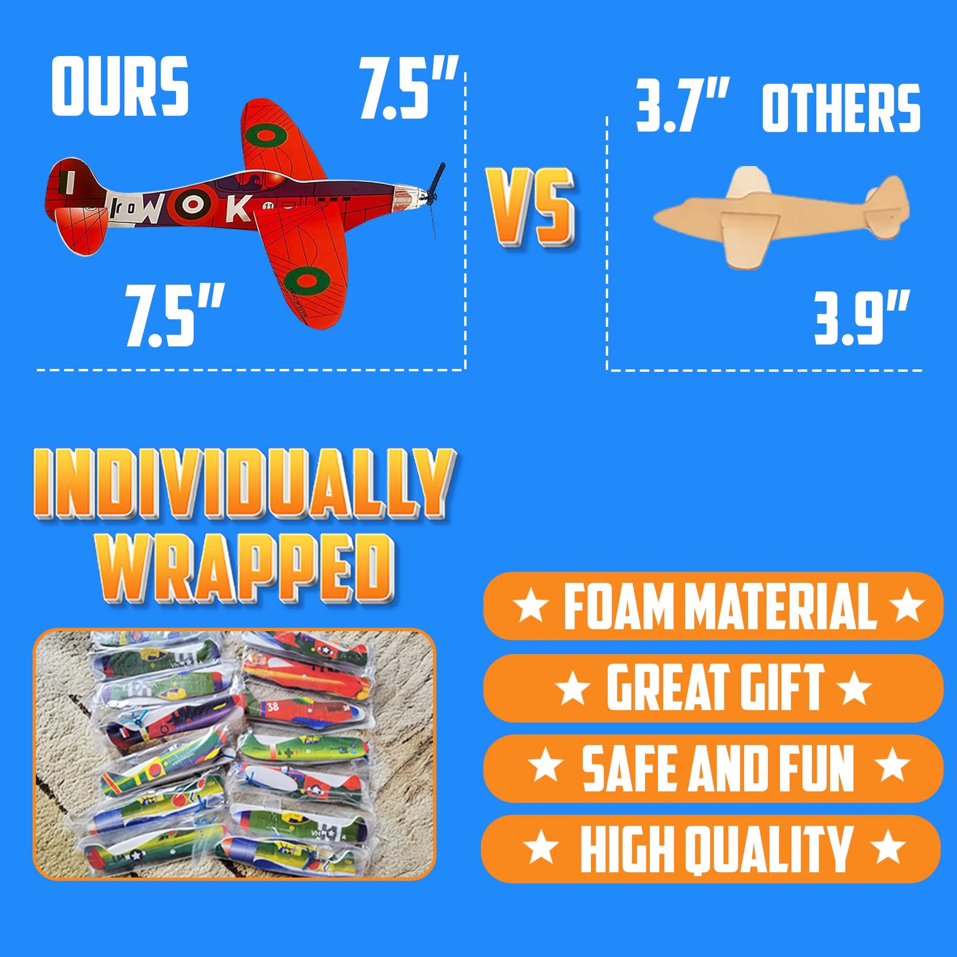 Bedwina Glider Planes Bulk (72-Pack) 8-Inch Bomber Airplane Gliders for Kids, Foam Paper Airplane Construction Kits for Kids Party Favors, Birthdays, Goodie Bag Stuffers and Outdoor Flying Toy