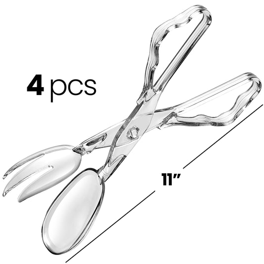 Pack of 4 11-Inch Clear Plastic Scissor Salad Tongs - Premium, Heavy-Duty, Reusable Serving Utensils for Catering, Cooking, Buffets, Party Supplies, and Weddings, Dishwasher Safe