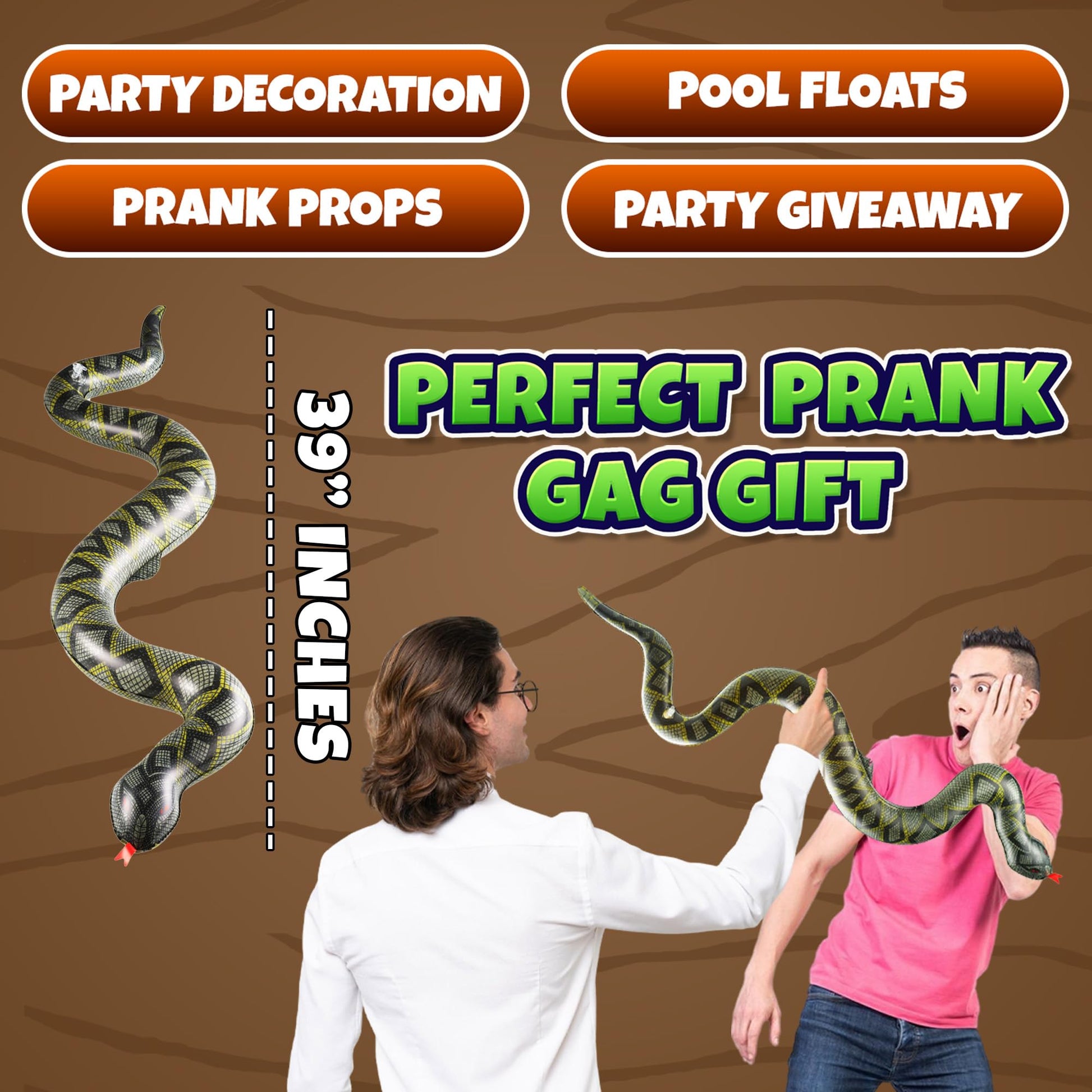 Inflatable Snakes (3 Pack) - 39 Inch Blow Up Fake Snake Decorations for Pool Toys, Jungle Party, Safari Theme, Halloween Props & Fun Kids Party Supplies