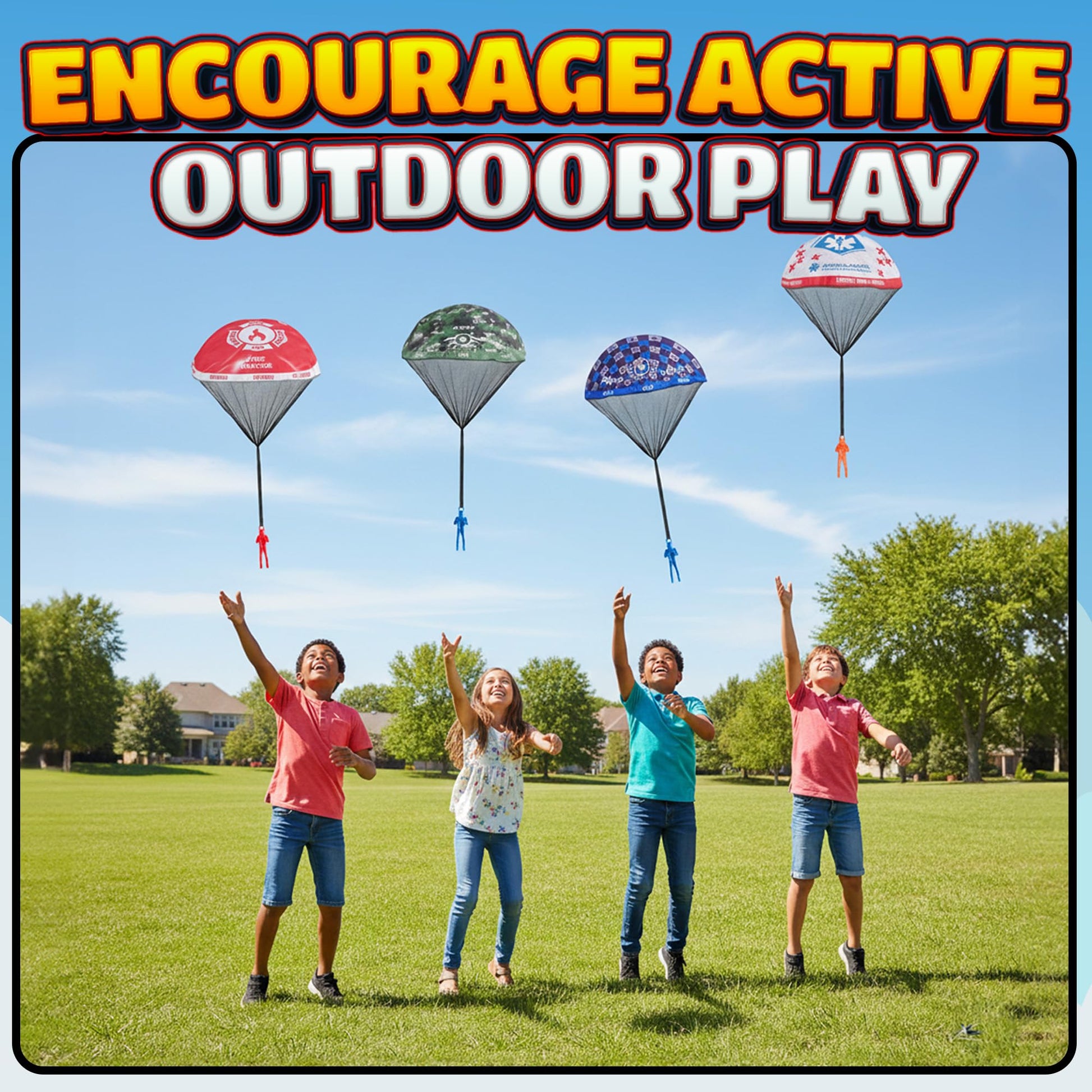 KiddieLoot Parachute Toys for Kids - (Pack of 4) Police, Army, Firefighter & EMT Figures w/Tangle-Free Parachutes - Outdoor Flying Toys for Kids, Party Favors, Birthday Gifts for Boys & Girls Ages 3+