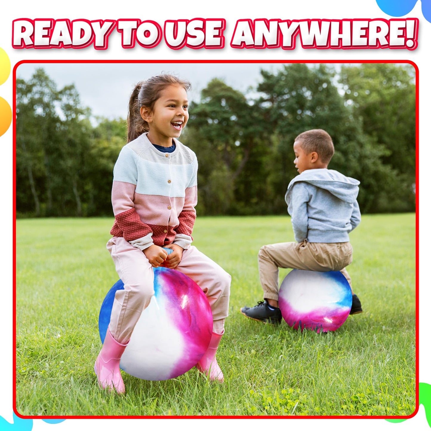 Bedwina Hopper Ball with Handle for Kids 20-inch (50cm) Bouncy Balls for Kids, Jumping Kangaroo Hippity Hop, Hopping Sit and Spin with Handle with Hand Pump, Marble Blue/Red/White
