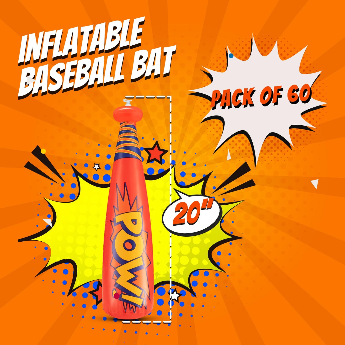Bedwina Pow Inflatable Baseball Bat - (Pack of 60) 20 Inch Inflatable Toy Bat, Carnival Prizes, Baseball Party Favors Goodie Bag Stuffers, Decorations Party Prizes for Kids