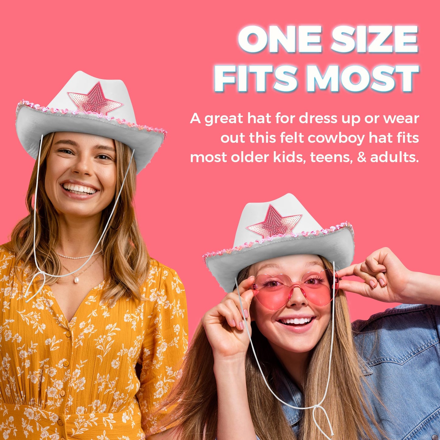 Bedwina White Cowgirl Hat - Felt Cowboy Hat with Pink Sequins Rim and Adjustable Neck-String, Fits Most Women and Adults for Bachelorette, Play Costume Accessories, Themed Party or Dress-Up
