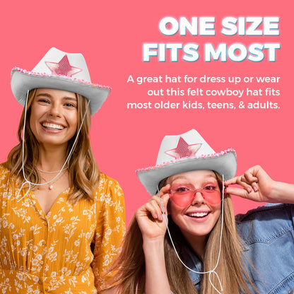 Bedwina White Cowgirl Hat - Felt Cowboy Hat with Pink Sequins Rim and Adjustable Neck-String, Fits Most Women and Adults for Bachelorette, Play Costume Accessories, Themed Party or Dress-Up
