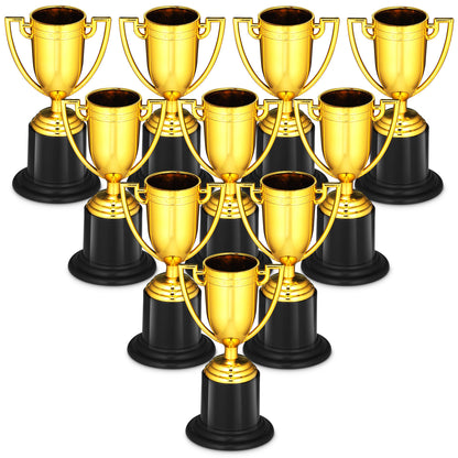 Bedwina Mini Gold Trophy Award Cups - Pack of 12 Bulk - 4 Inch Plastic Gold Cup Trophies for Party Favors, Props, Rewards, Winning Prizes, Competitions for Kids and Adults