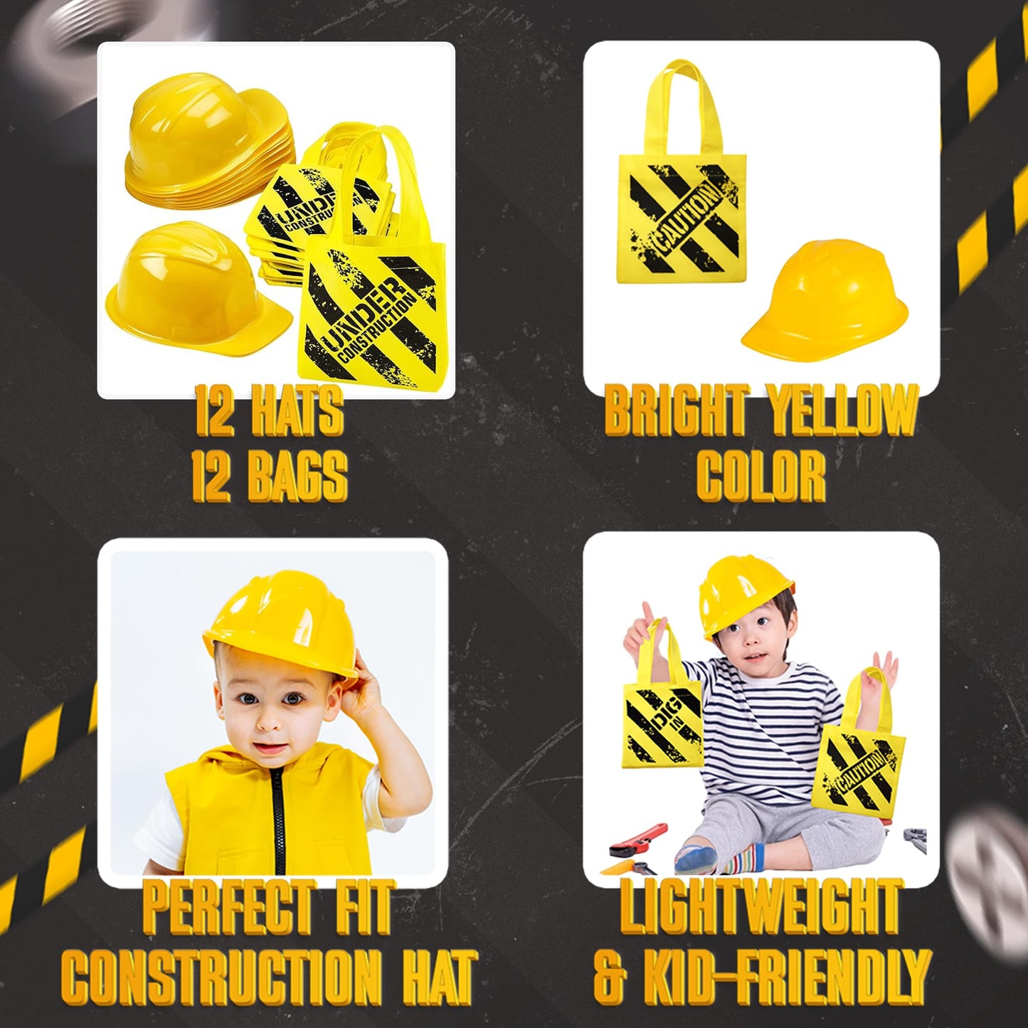 Bedwina Construction Themed Party Supplies - (24 Pack) Construction Party Favors Hat & Mini Tote Bag Supplies - (12) Yellow Construction Hats for Kids & (12) Construction Goodie Bags