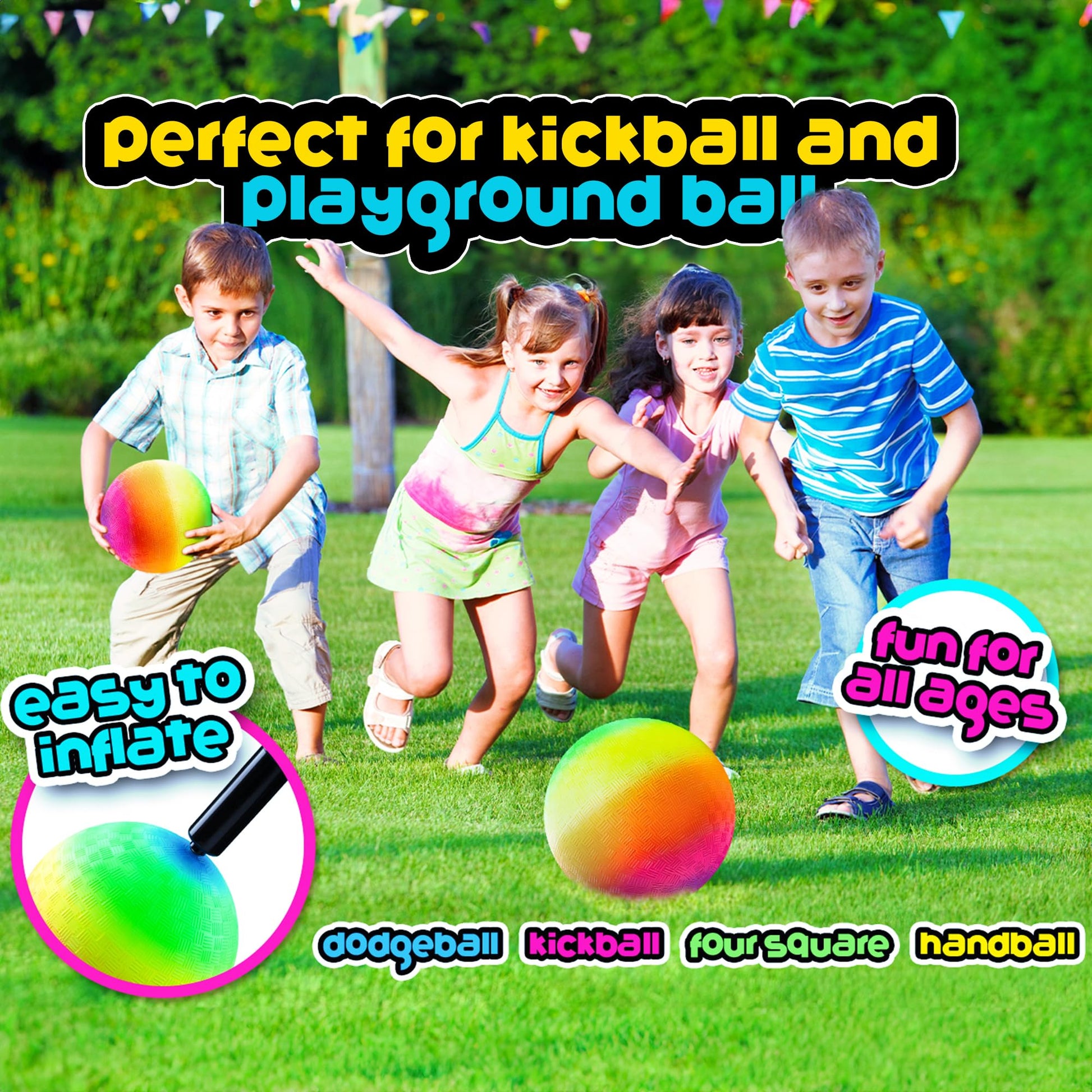 Bedwina Rainbow Playground Balls - 8.5 Inch (Pack of 4) Rubber Bouncy Colorful Inflatable Balls for Kids and Adults, Indoor and Outdoor Games, Kickball, Dodgeball, Four Square, Dodge, Recess, Handball