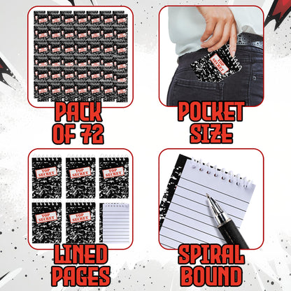 Bedwina Top Secret Mini Notebooks for Kids Party Favors - (Pack of 72) Spiral Small Notebook Pads for Murder Mystery Party Decor, Secret Agent Spy or Crime Detective Themed Parties, Goody Bag Notepads