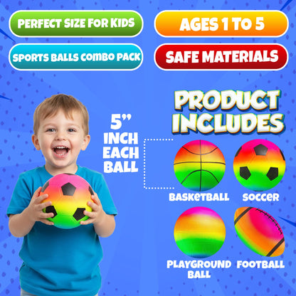 PlayBolt Sports Ball Set (4 Pack, 5-Inch) - Rainbow Mini Basketball, Soccer, Football & Playground Balls w/Hand Pump - Fun Indoor Outdoor Toys for Toddlers, Little Kids, Preschoolers & Early Play