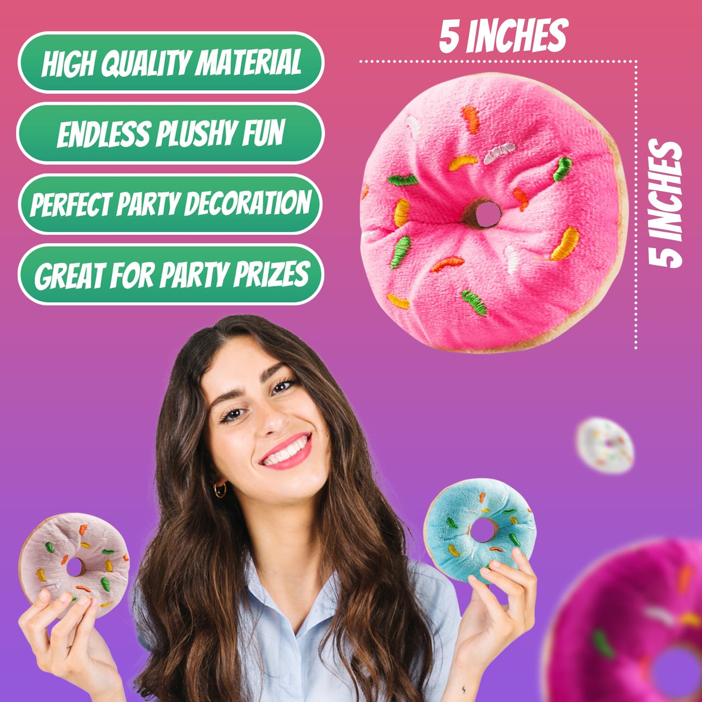 Bedwina Plush Donuts with Sprinkles - (Pack of 24) 1 Dozen Stuffed Donut Pillow Toy Party Favors, Donut Party Supplies Decorations and Stocking Stuffers for Kids