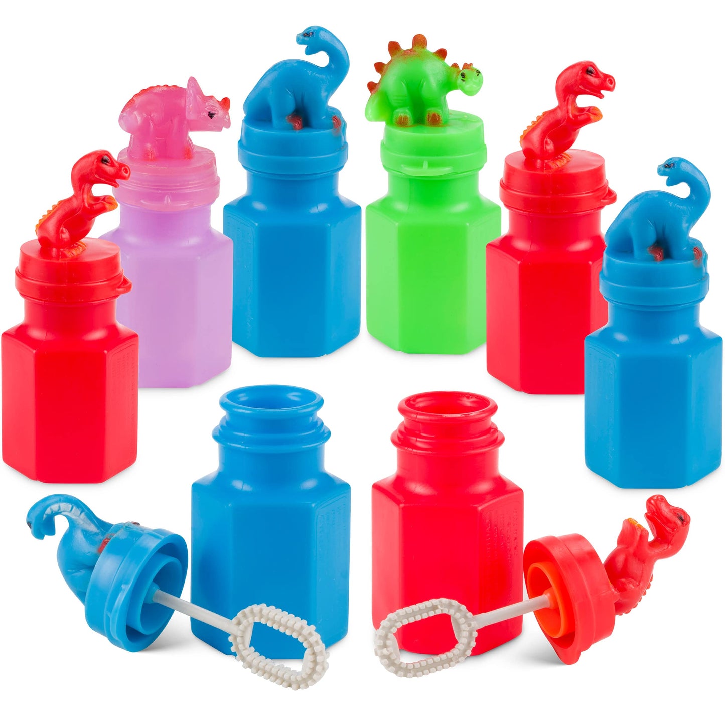 Dinosaur Bubbles Party Favors for Kids - (12-Pack Bulk) Assorted 3-Inch Dino Bubble Bottles with Bubble Wands, Outdoor Summer Toy for Birthday Goodie Bags, Easter Baskets & Prizes