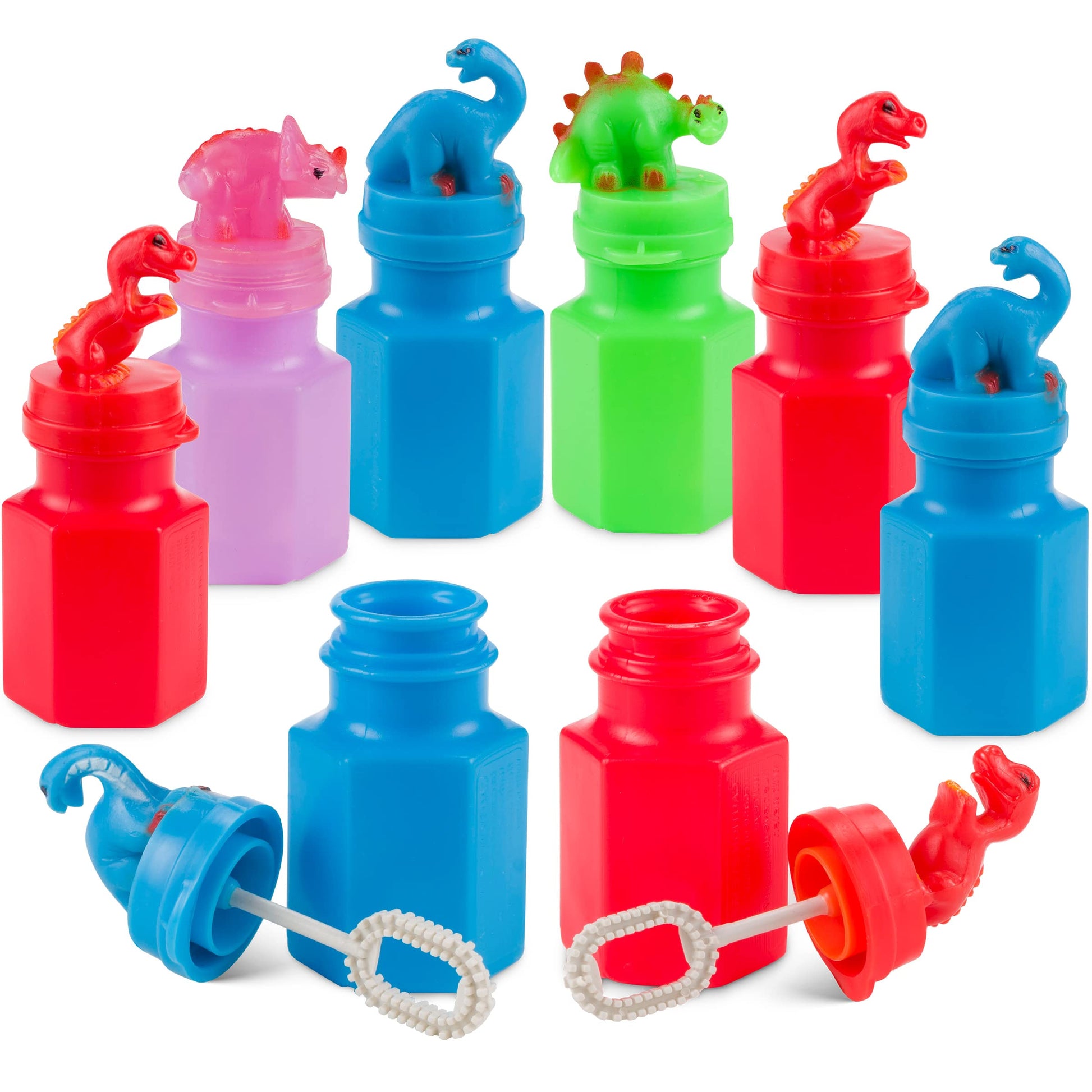 Dinosaur Bubbles Party Favors for Kids - (12-Pack Bulk) Assorted 3-Inch Dino Bubble Bottles with Bubble Wands, Outdoor Summer Toy for Birthday Goodie Bags, Easter Baskets & Prizes