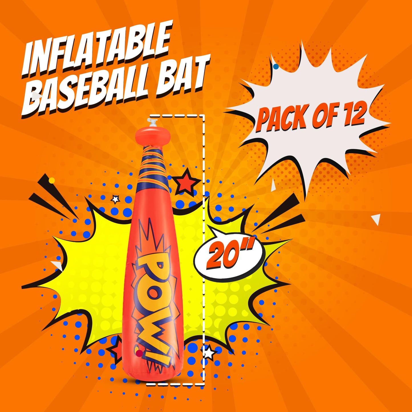 Bedwina Pow Inflatable Baseball Bat - (Pack of 12) 20 Inch Inflatable Toy Bat, Carnival Prizes, Baseball Party Favors Goodie Bag Stuffers, Decorations Party Prizes for Kids