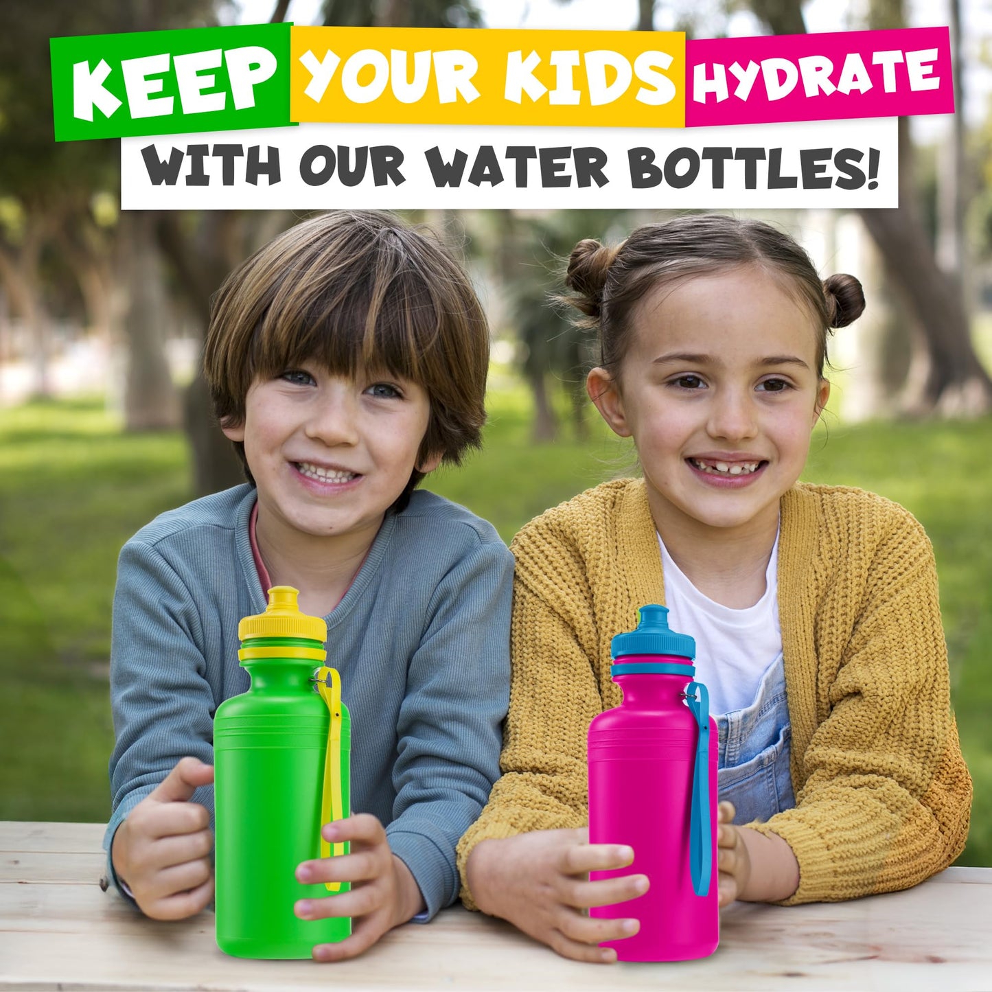 Bedwina Bulk Water Bottles For Kids - (Pack of 12) 18 Oz - 7.5 Inch BPA-Free Plastic with Pop-up Tops & Handles for Sports, Summer, Reusable Water Bottles Bulk For School