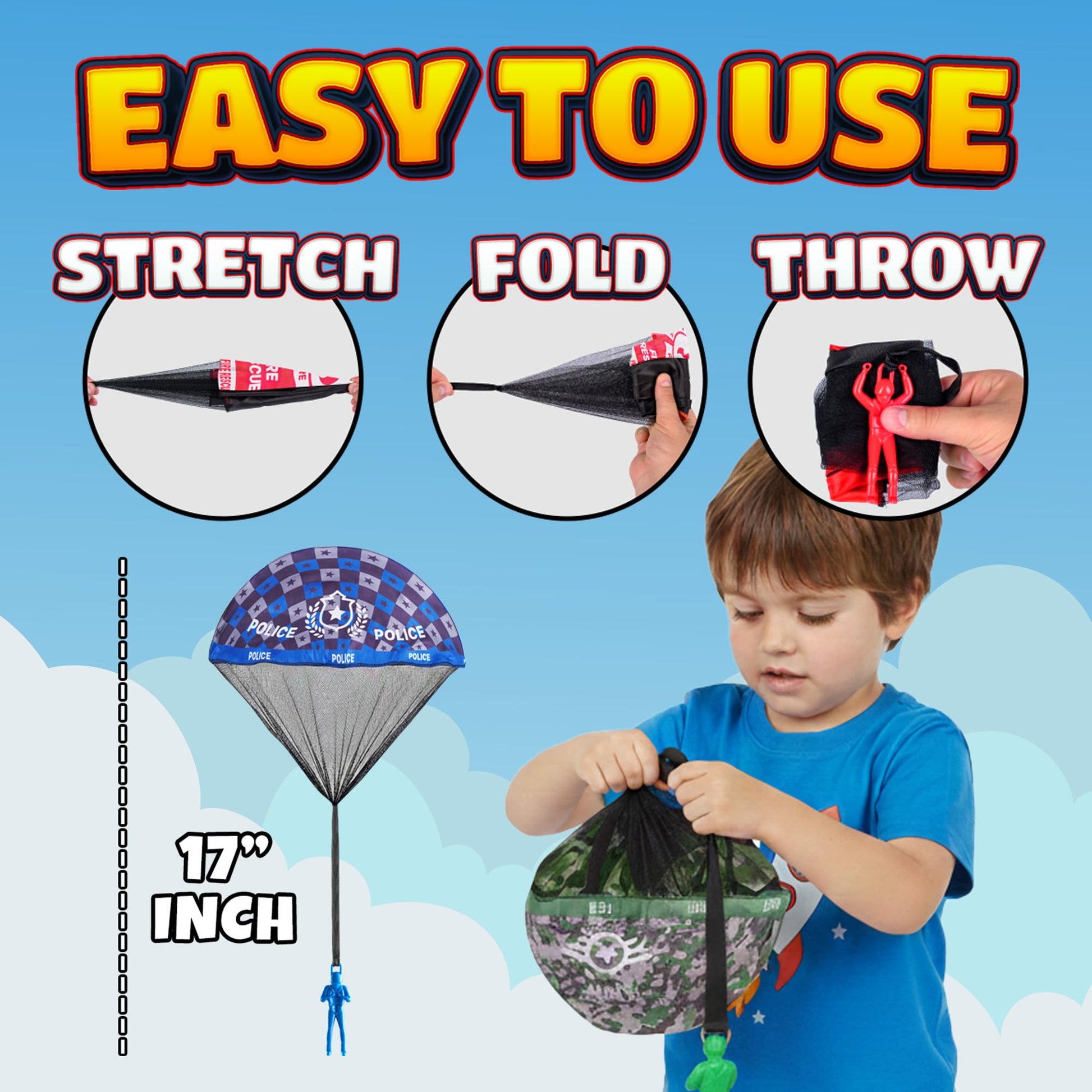 KiddieLoot Parachute Toys for Kids - (Pack of 4) Police, Army, Firefighter & EMT Figures w/Tangle-Free Parachutes - Outdoor Flying Toys for Kids, Party Favors, Birthday Gifts for Boys & Girls Ages 3+