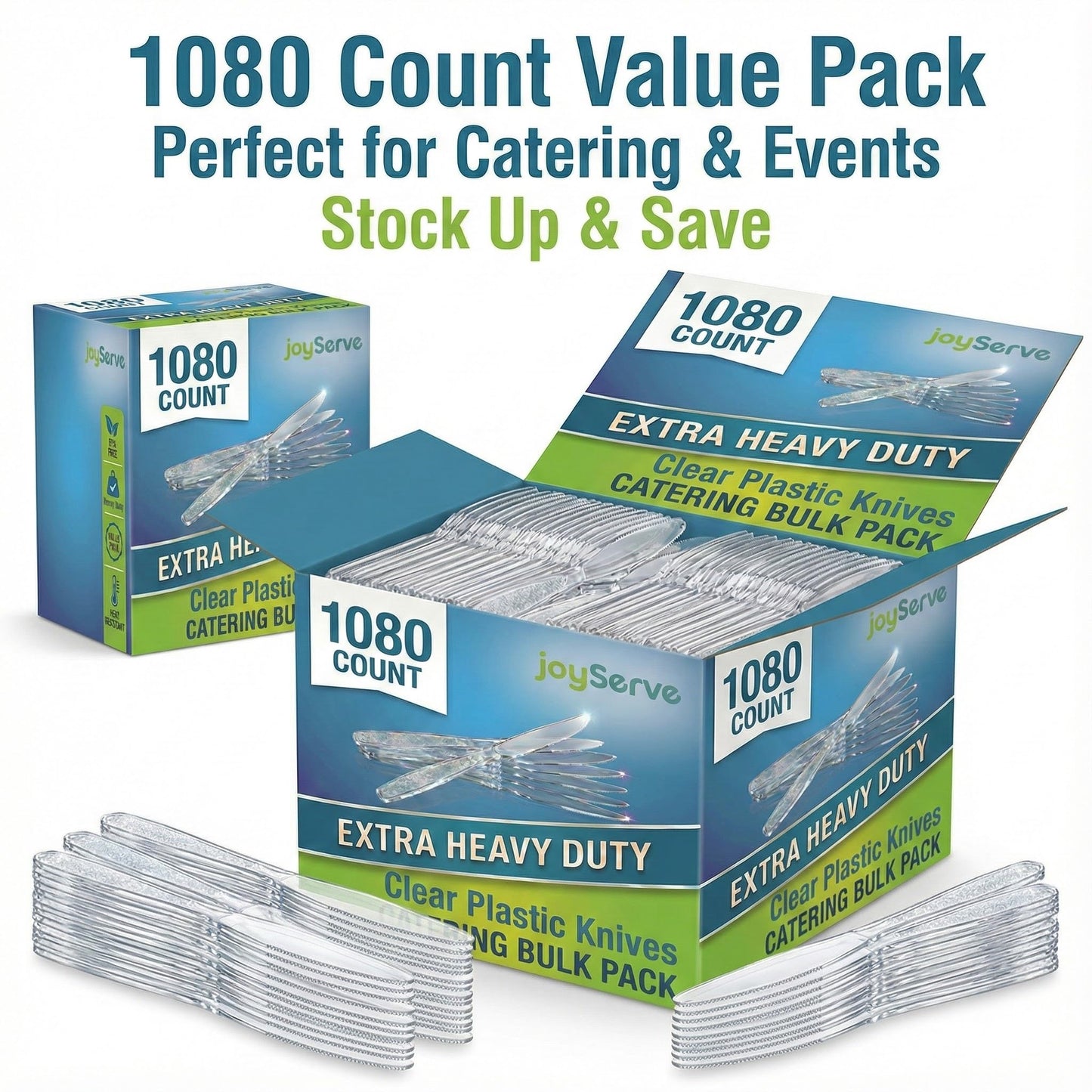 JoyServe Clear Plastic Knives Heavy Duty, Heat Resistant Party Utensils BPA-Free Heavy Duty Plastic Knives Disposable Silverware Cutlery, Catering Dinner Party Supplies - Bulk Knife Pack 1080