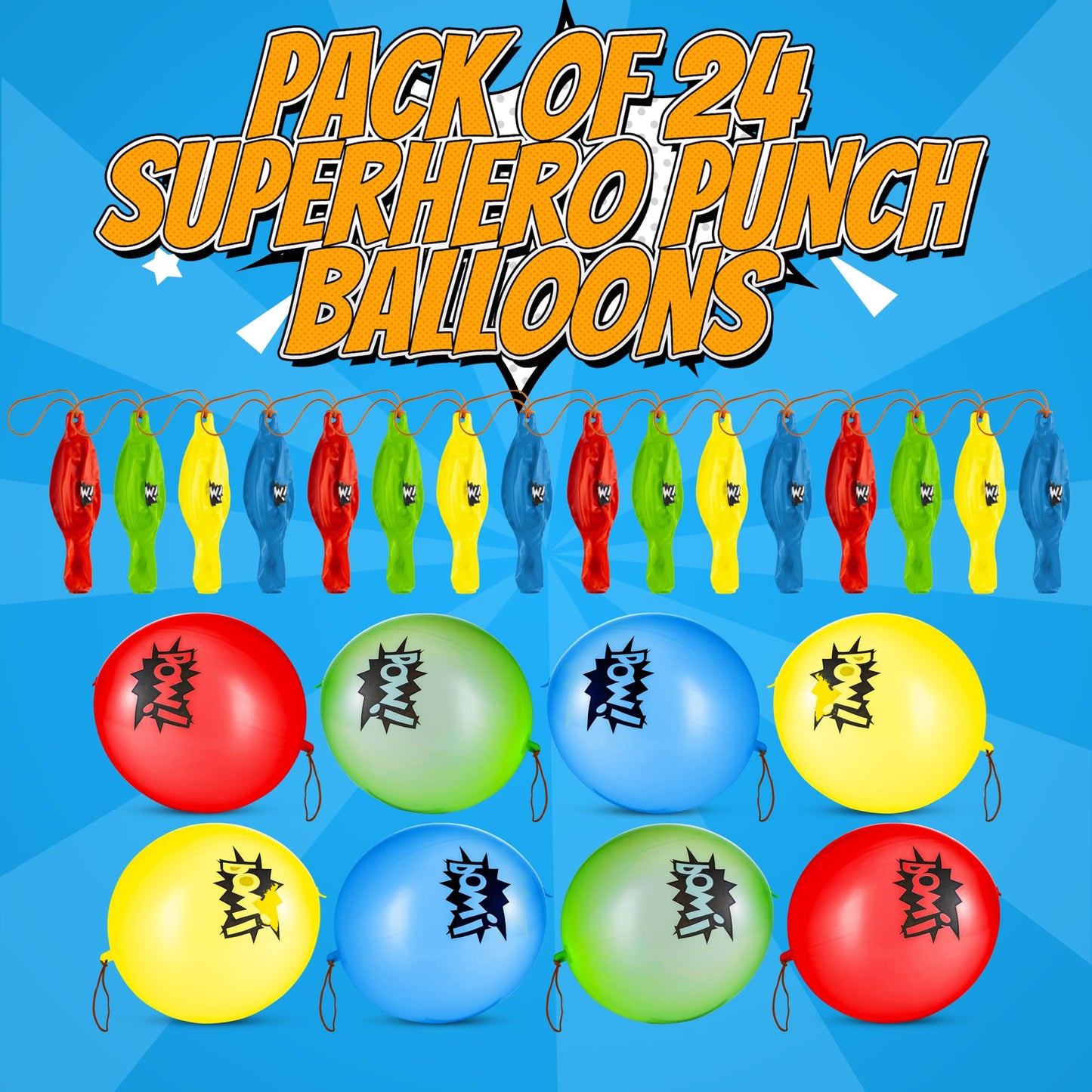 Superhero Punch Balloons - Pack of 24 Bulk, Large Punching Balloons for Kids, Inflatable Punch Balls for Carnival Prizes, Goodie Bag Stuffers for Kids, Superhero Theme Birthday Party Favors Toys