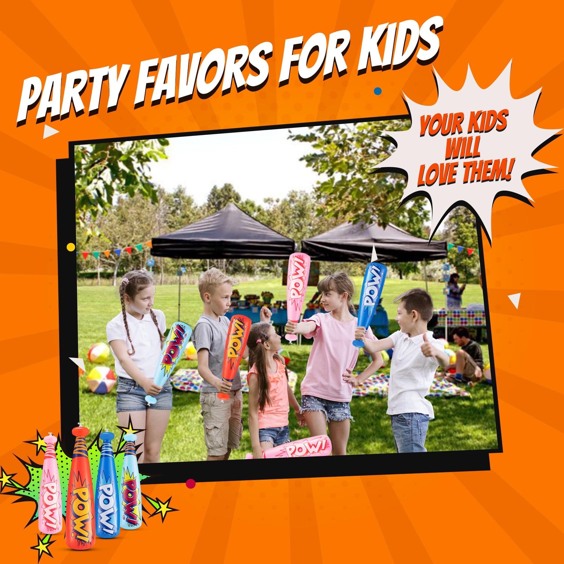 Bedwina Pow Inflatable Baseball Bat - (Pack of 12) 20 Inch Inflatable Toy Bat, Carnival Prizes, Baseball Party Favors Goodie Bag Stuffers, Decorations Party Prizes for Kids
