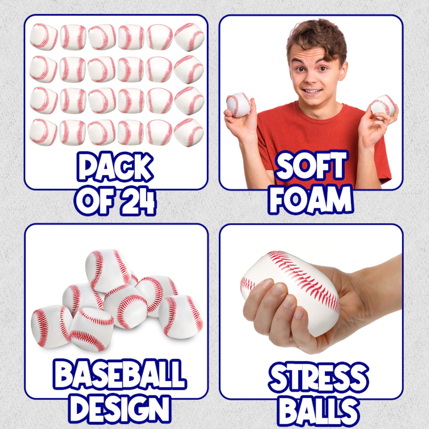 Bedwina Baseball Stress Balls - (24 Pack Bulk) Soft Foam 2" Squeeze Balls for Kids & Adults - Baseball Toys for Goodie Bags and Party Favors, Sports Theme Game Prizes & Stress Relief