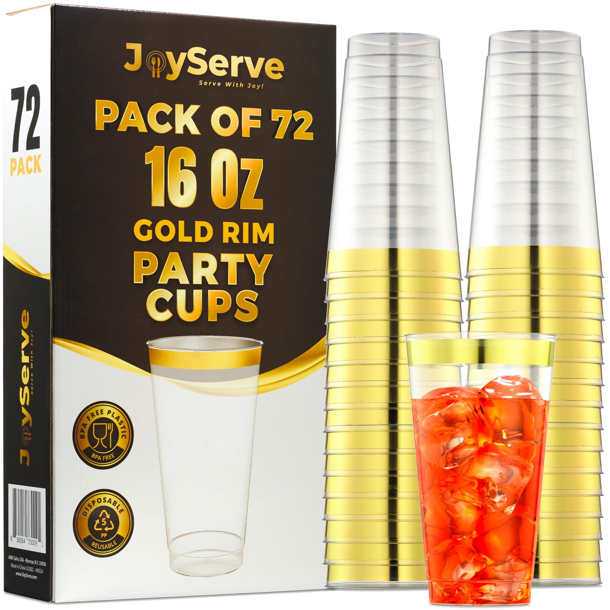 JoyServe 16 Oz Gold Clear Plastic Cups - (72 Count) Elegant Disposable Plastic Cups for Party, Gold Rimmed Fancy Tumblers for Drinks, Cocktail Parties, Birthdays, Baby Showers, Weddings and Events