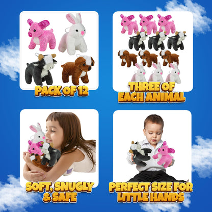 Bedwina Plush Stuffed Animals - Farm Animal Toys - (Pack of 12 Bulk) 5 Inch Soft Cuddly Plushed Cow, Pig, Bunny Rabbit, Dog, Party Favors, Gifts, Prizes for Toddlers and Kids