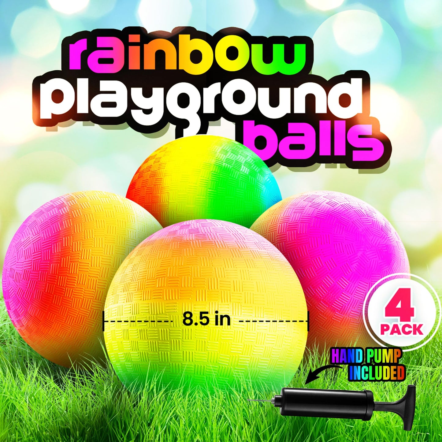 Bedwina Rainbow Playground Balls - 8.5 Inch (Pack of 4) Rubber Bouncy Colorful Inflatable Balls for Kids and Adults, Indoor and Outdoor Games, Kickball, Dodgeball, Four Square, Dodge, Recess, Handball
