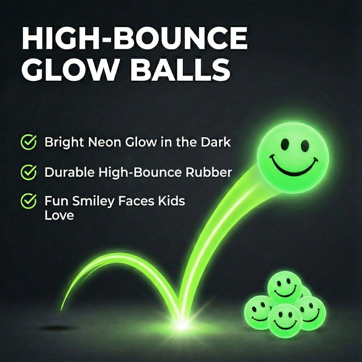 Bedwina Bulk Bouncy Balls Glow in The Dark - 144 Pcs (1inch / 27mm) Diameter, High Bouncing, Small Rubber Smile Face Bouncing Balls for Kids, Vending Machines, Party Favor