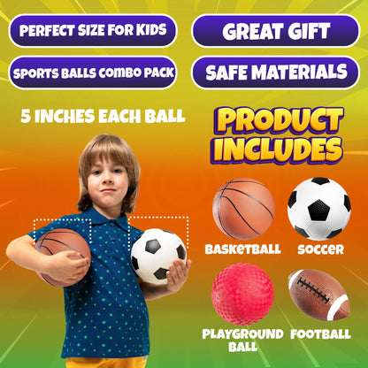 Sports Balls for Kids & Toddlers - (Pack of 4) 5-inch Sports Set Includes Football, Small Size Soccer, Basketball, and Playground Balls, Fun Indoors & Outdoor Toys (Hand Pump Included)