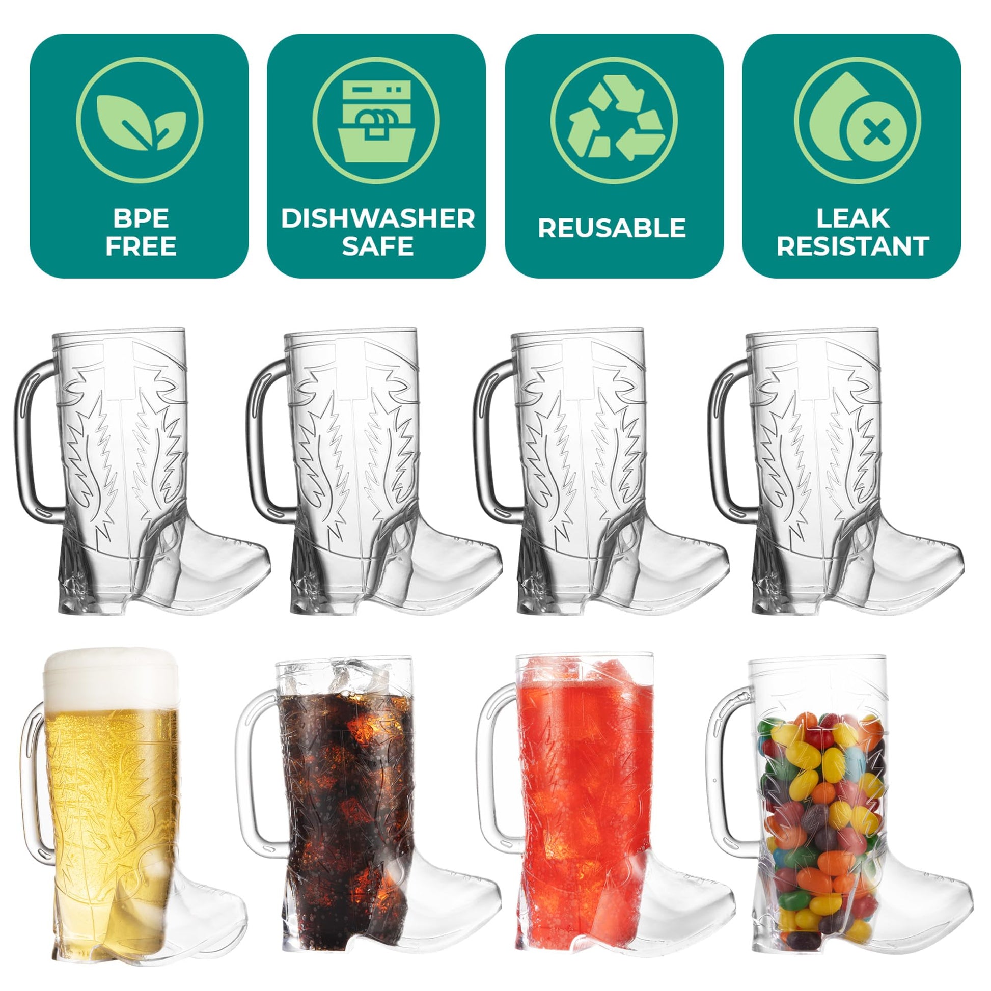 JoyServe Cowboy Boot Cups - (Pack of 6) 17oz Cowboy and Cowgirl Drink Mugs, Reusable BPA-Free Plastic Mug with Handle for Western Themed Rodeo Birthday Party Decorations and Supplies