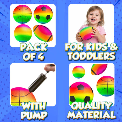PlayBolt Sports Ball Set (4 Pack, 5-Inch) - Rainbow Mini Basketball, Soccer, Football & Playground Balls w/Hand Pump - Fun Indoor Outdoor Toys for Toddlers, Little Kids, Preschoolers & Early Play