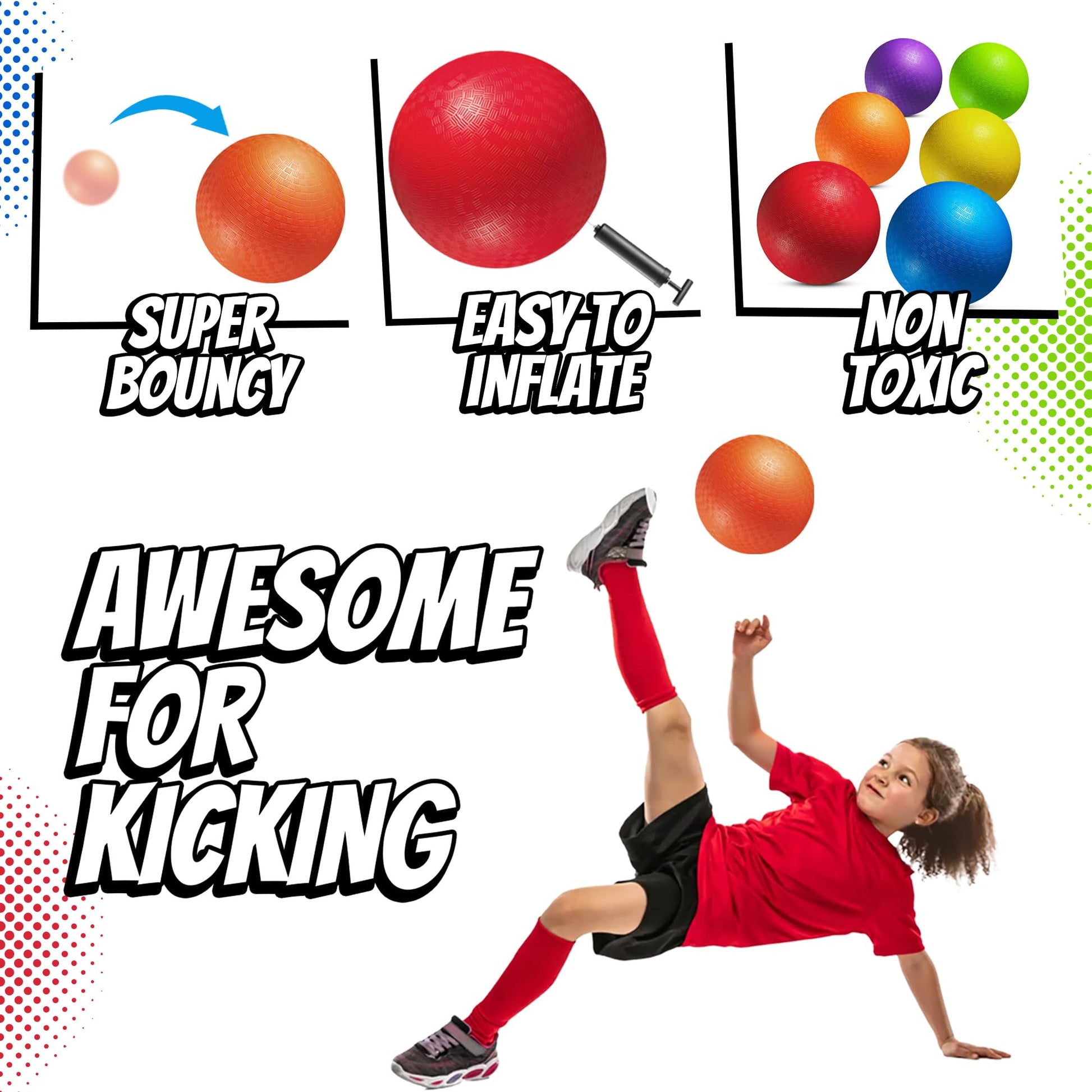 8.5 Inch Playground Balls Dodgeballs for Kids & Adults - (Pack of 6) Inflatable Rubber Indoor Outdoor Bouncy, Kickballs, Four Square and Handballs for School, Gym, Recess and More with Ball Pump