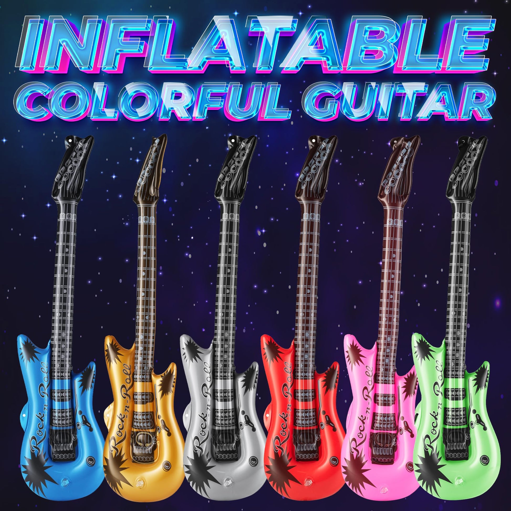 Bedwina Inflatable Guitars for Kids - (Pack of 48) 36-inch Neon Blow Up Guitar Instruments, Party Favors, Giveaways, DJ-Props, Photo-Booth, Birthdays, Rock Star, Rock and Roll Party Decorations