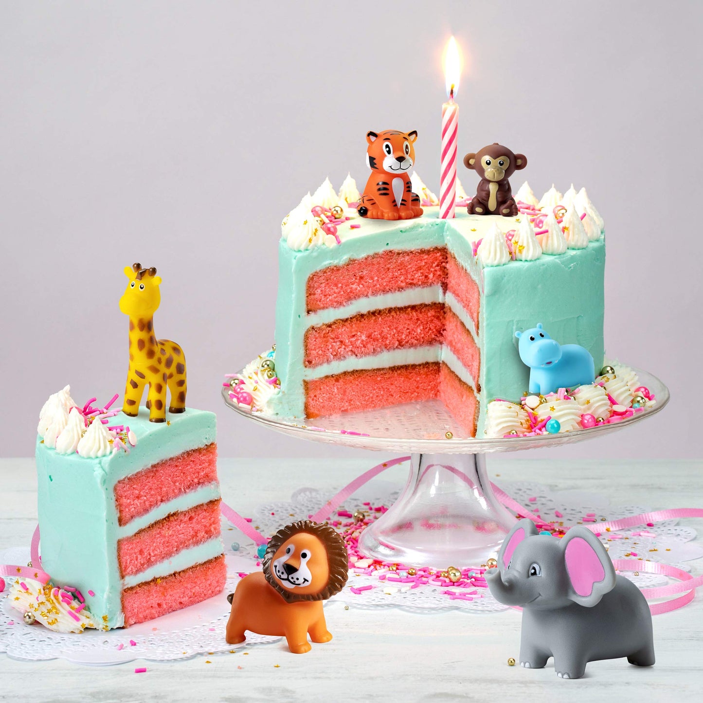 Mini Zoo Animals Bath Toys - (Pack of 12) Vinyl Rubber Jungle Safari Animal Figures, Squeezable Bath Tub Toys for Kids, Baby Shower, Birthday Party Supplies, Favors, Cake Decor, Table Decorations