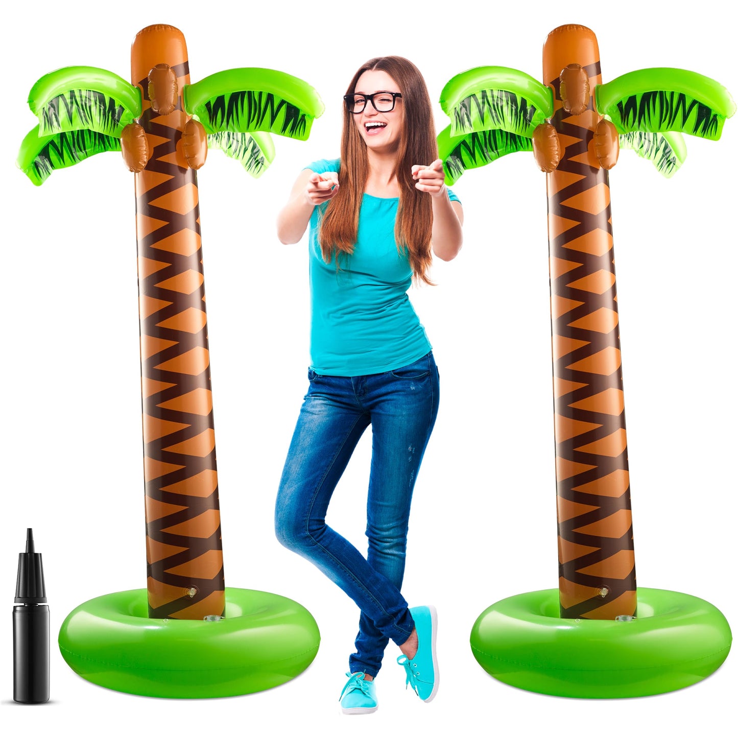Bedwina Inflatable Palm Tree with Hand Pump - (Pack of 2) Large 5.5 Ft Blow Up Palm Tree Decorations for Luau or Hawaiian Party, Tropical Birthday Party Decorations