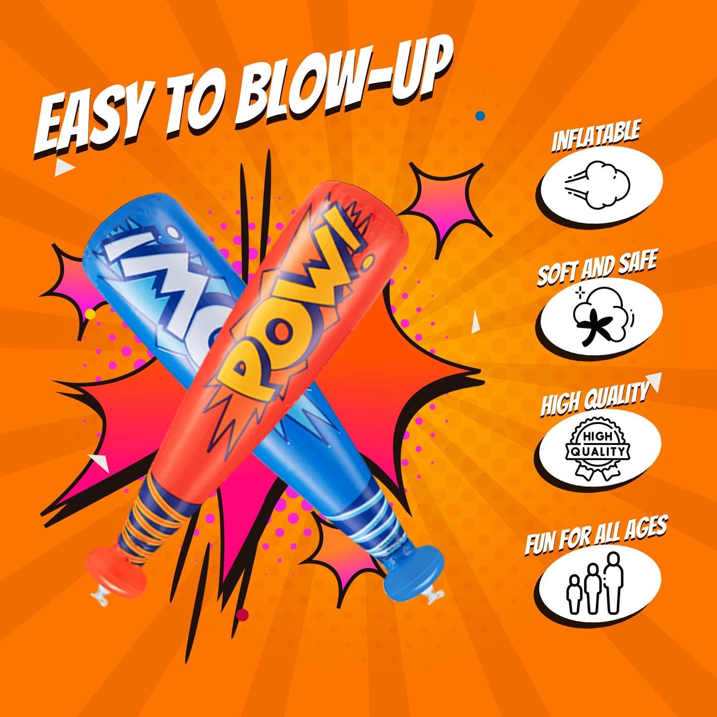 Bedwina Pow Inflatable Baseball Bat - (Pack of 60) 20 Inch Inflatable Toy Bat, Carnival Prizes, Baseball Party Favors Goodie Bag Stuffers, Decorations Party Prizes for Kids