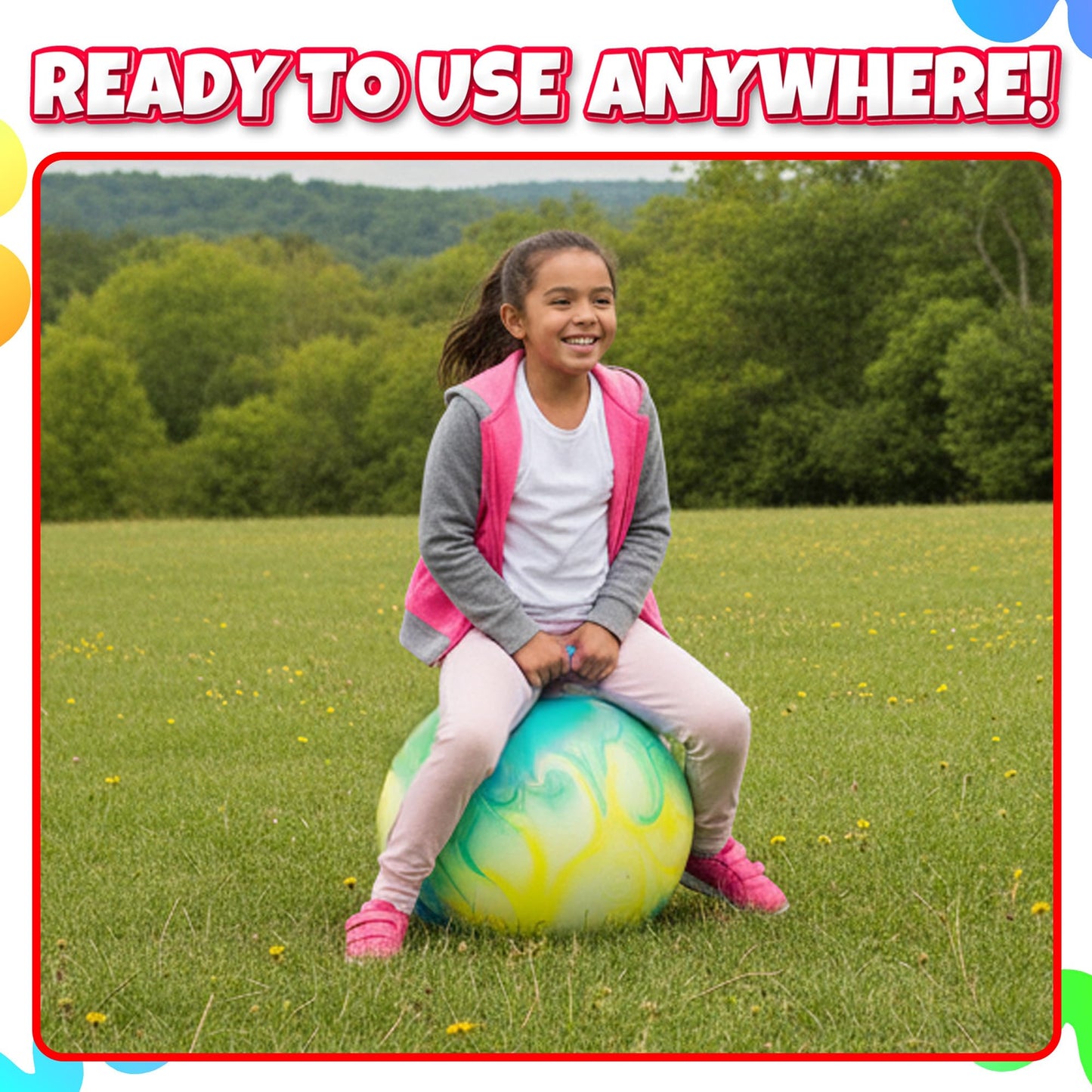 Bedwina Hopper Ball with Handle for Kids 22-inch (55cm) Bouncy Balls for Kids, Jumping Kangaroo Hippity Hop, Hopping Sit and Spin with Handle with Hand Pump, Marble Green & Yellow