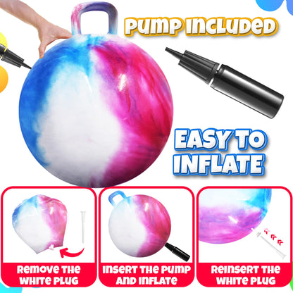 Bedwina Hopper Ball with Handle for Kids 20-inch (50cm) Bouncy Balls for Kids, Jumping Kangaroo Hippity Hop, Hopping Sit and Spin with Handle with Hand Pump, Marble Blue/Red/White