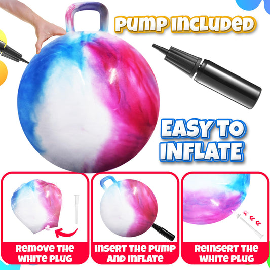 Bedwina Hopper Ball with Handle for Kids 20-inch (50cm) Bouncy Balls for Kids, Jumping Kangaroo Hippity Hop, Hopping Sit and Spin with Handle with Hand Pump, Marble Blue/Red/White